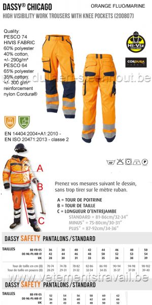 DASSY® Chicago (200807) Pantalon de travail haute visibilité - orange fluo/marine