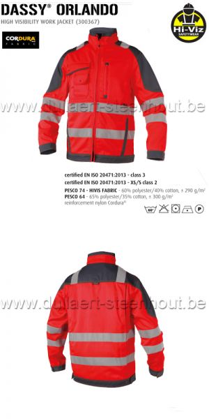 DASSY® Orlando (300367) Veste de travail haute visibilité - rouge fluo/gris