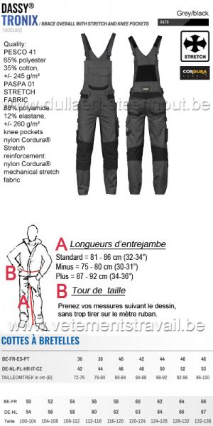 DASSY® Tronix (400163) Cotte à bretelles avec stretch et poches genoux - gris/noir