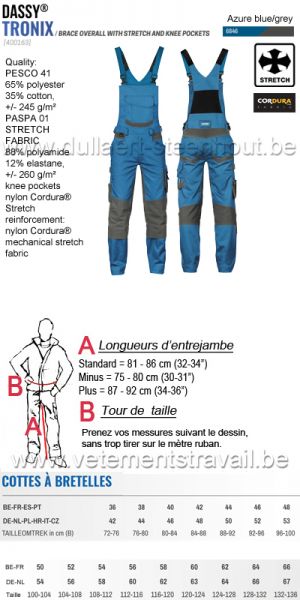 DASSY® Tronix (400163) Cotte à bretelles avec stretch et poches genoux - bleu azur/gris