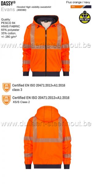 DASSY® Evans (300380) Sweat-shirt à capuche haute visibilité - orange fluo / marine