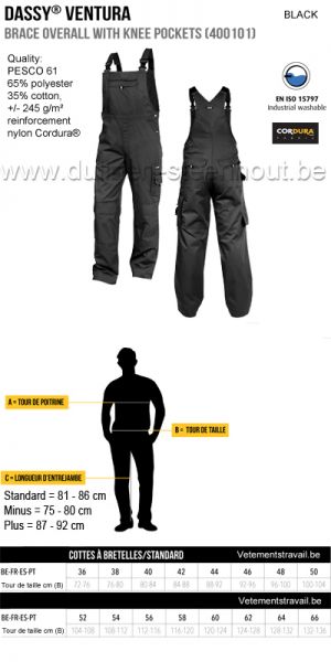 DASSY® Ventura (400101) Cotte à bretelles / salopette de travail avec poches genoux - noir