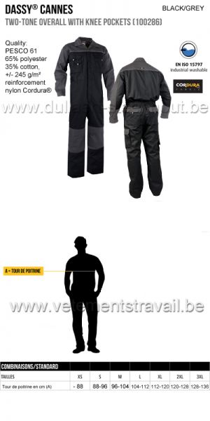DASSY® Cannes (100286) Combinaison bicolore avec poches genoux - noir/gris